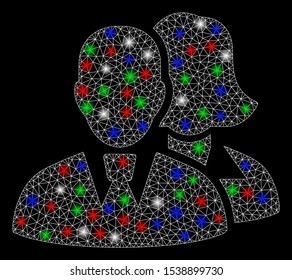 Bright mesh people with glare effect. White wire carcass triangular network in vector format on a black background. Abstract 2d mesh designed with triangular lines, points, colorful glare spots.