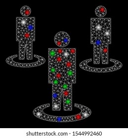 Bright mesh people with glare effect. White wire frame polygonal network in vector format on a black background. Abstract 2d mesh designed with polygonal grid, dots, colored glare spots.