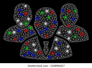Bright mesh people group with lightspot effect. White wire frame triangular mesh in vector format on a black background. Abstract 2d mesh designed with triangular lines, round dots,