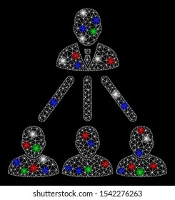 Bright mesh people organization structure with glare effect. White wire frame polygonal mesh in vector format on a black background. Abstract 2d mesh designed with polygonal grid, dots,