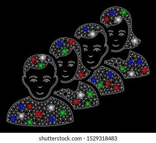 Bright mesh people queue with lightspot effect. White wire carcass triangular mesh in vector format on a black background. Abstract 2d mesh designed with triangular lines, dots, colored flash spots.
