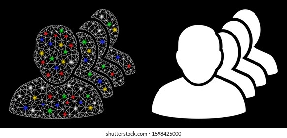 Bright mesh people squad icon with lightspot effect. Abstract illuminated model of people squad. Shiny wire frame polygonal mesh people squad icon. Vector abstraction on a black background.