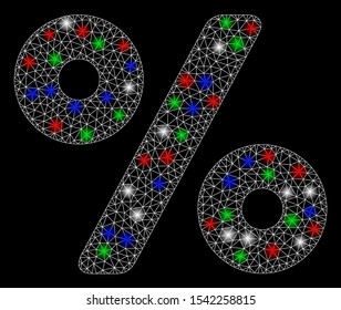 Bright mesh percent with lightspot effect. White wire frame polygonal mesh in vector format on a black background. Abstract 2d mesh built from polygonal grid, points, colored flash spots.
