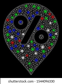 Bright mesh percent map marker with glare effect. White wire carcass polygonal mesh in vector format on a black background. Abstract 2d mesh designed with triangles, small circle, colored glare spots.