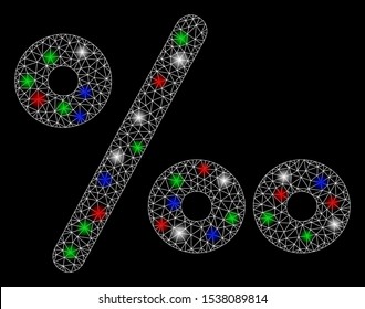 Bright mesh permille with glare effect. White wire frame triangular mesh in vector format on a black background. Abstract 2d mesh designed with polygonal grid, dots, colorful glare spots.