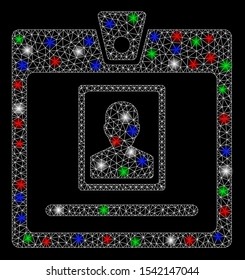 Bright mesh person badge with glare effect. White wire frame triangular mesh in vector format on a black background. Abstract 2d mesh designed with polygonal grid, round dots, colorful glare spots.