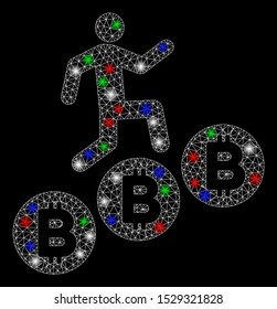 Bright mesh person climb Bitcoins with glare effect. White wire carcass triangular mesh in vector format on a black background. Abstract 2d mesh designed with triangular lines, dots,