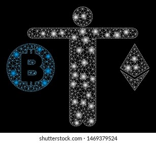 Bright mesh person compare cryptocurrency with glitter effect. Abstract illuminated model of person compare cryptocurrency icon. Shiny wire carcass polygonal mesh person compare cryptocurrency.