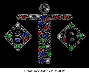 Bright mesh person compare Euro and Bitcoin with lightspot effect. White wire carcass polygonal mesh in vector format on a black background. Abstract 2d mesh designed with triangles, points,