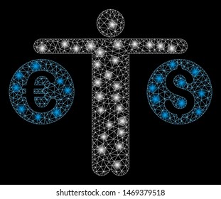 Bright mesh person compares currency with sparkle effect. Abstract illuminated model of person compares currency icon. Shiny wire frame triangular mesh person compares currency.