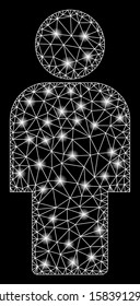 Bright mesh person with glare effect. Abstract illuminated model of person icon. Shiny wire frame polygonal mesh person. Vector abstraction on a black background.