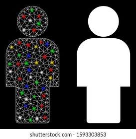 Bright mesh person icon with glare effect. Abstract illuminated model of person. Shiny wire frame polygonal network person icon. Vector abstraction on a black background.