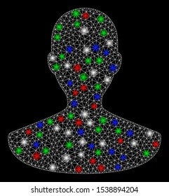 Bright mesh person with lightspot effect. White wire carcass triangular mesh in vector format on a black background. Abstract 2d mesh designed with triangles, small circle, colored light spots.