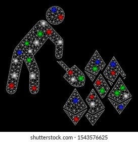 Bright mesh person mining Ethereum with glow effect. White wire carcass polygonal mesh in vector format on a black background. Abstract 2d mesh designed with polygonal grid, round dots,