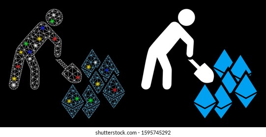 Bright mesh person mining Ethereum icon with glitter effect. Abstract illuminated model of person mining Ethereum. Shiny wire carcass triangular mesh person mining Ethereum icon.