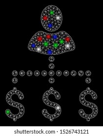 Bright mesh person payments with glare effect. White wire frame triangular network in vector format on a black background. Abstract 2d mesh designed with triangles, small circle, colorful glare spots.