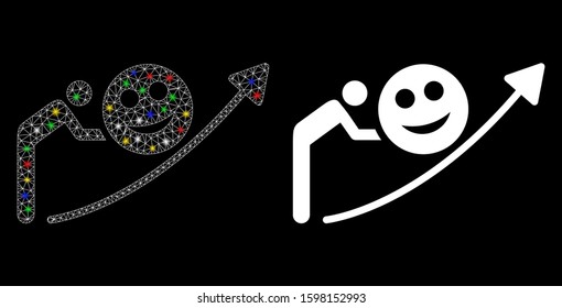 Bright mesh person smile growing trend icon with glare effect. Abstract illuminated model of person smile growing trend. Shiny wire carcass polygonal mesh person smile growing trend icon.