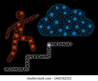 Bright mesh Person steps to cloud with glare effect. Shiny wire frame triangular mesh in vector format on a black background. Abstract 2d mesh designed with triangles, spheric points,