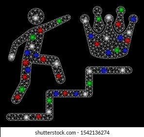 Bright mesh person steps to crown with glow effect. White wire carcass triangular mesh in vector format on a black background. Abstract 2d mesh designed with triangular lines, dots,