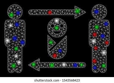 Bright mesh persons child exchange with glare effect. White wire frame polygonal mesh in vector format on a black background. Abstract 2d mesh designed with polygonal grid, points,