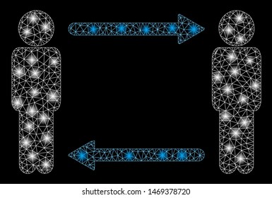 Bright mesh persons exchange arrows with glitter effect. Abstract illuminated model of persons exchange arrows icon. Shiny wire frame triangular mesh persons exchange arrows.