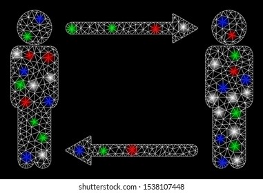 Bright mesh persons exchange arrows with lightspot effect. White wire carcass triangular mesh in vector format on a black background. Abstract 2d mesh designed with triangular lines, points,