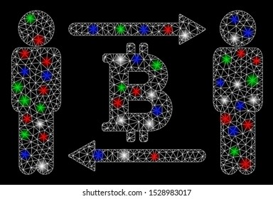 Bright mesh persons exchange Bitcoin with lightspot effect. White wire frame triangular mesh in vector format on a black background. Abstract 2d mesh designed with triangular lines, small circle,