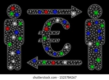 Bright mesh persons exchange Euro with glare effect. White wire frame triangular mesh in vector format on a black background. Abstract 2d mesh designed with triangular lines, spheric points,
