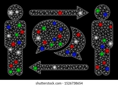 Bright mesh persons exchange messages with glare effect. White wire frame polygonal network in vector format on a black background. Abstract 2d mesh built from polygonal grid, spheric points,