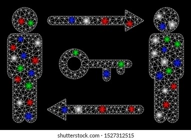 Bright mesh persons key exchange with glare effect. White wire frame polygonal mesh in vector format on a black background. Abstract 2d mesh designed with triangular lines, small circle,