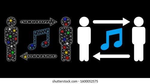 Bright mesh persons music exchange icon with glare effect. Abstract illuminated model of persons music exchange. Shiny wire frame triangular mesh persons music exchange icon.