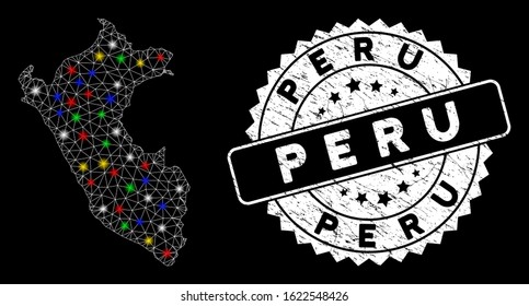 Bright mesh Peru map with glow effect, and seal stamp. Wire frame triangular Peru map mesh in vector format on a black background. White round rubber stamp with grunge textures.