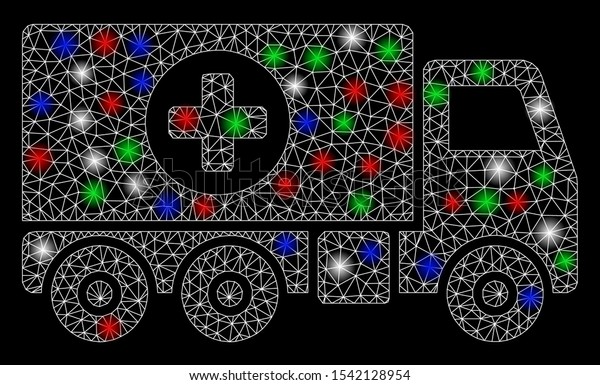 Bright mesh\
pharmacy delivery car with glare effect. White wire frame polygonal\
mesh in vector format on a black background. Abstract 2d mesh\
designed with polygonal grid,\
points,