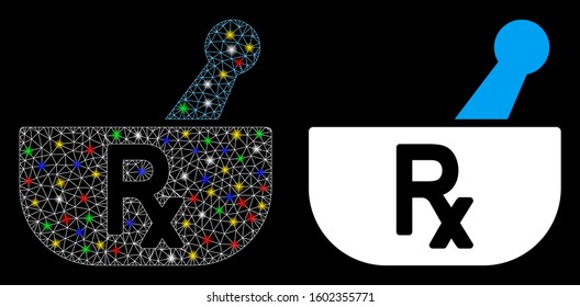 Bright mesh pharmacy mortar icon with lightspot effect. Abstract illuminated model of pharmacy mortar. Shiny wire frame triangular mesh pharmacy mortar icon. Vector abstraction on a black background.