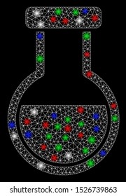 Bright mesh phial with lightspot effect. White wire frame polygonal network in vector format on a black background. Abstract 2d mesh designed with polygonal grid, points, colored flare spots.