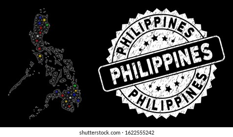 Bright mesh Philippines map with lightspot effect, and seal stamp. Wire frame triangular Philippines map mesh in vector format on a black background. White round stamp imprint with dirty surface.