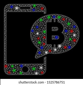 Bright mesh phone Bitcoin SMS with glare effect. White wire carcass triangular mesh in vector format on a black background. Abstract 2d mesh designed with triangles, points, colored glare spots.