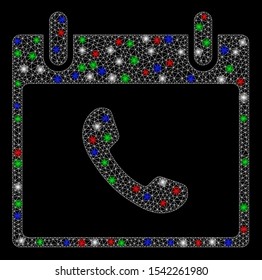 Bright mesh phone calendar day with glare effect. White wire frame polygonal mesh in vector format on a black background. Abstract 2d mesh designed with polygonal grid, spheric points,