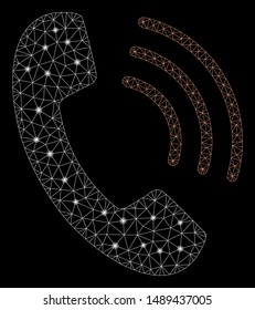 Bright mesh phone call with glare effect. Abstract illuminated model of phone call icon. Shiny wire carcass triangular mesh phone call. Vector abstraction on a black background.