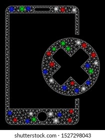 Bright mesh phone cancel with lightspot effect. White wire frame polygonal mesh in vector format on a black background. Abstract 2d mesh designed with triangular lines, spheric points,