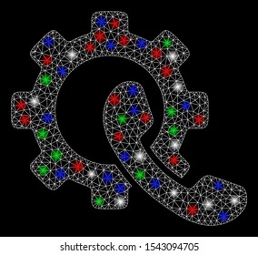 Bright mesh phone configuration with glare effect. White wire frame polygonal mesh in vector format on a black background. Abstract 2d mesh designed with triangular lines, small circle,