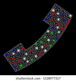 Bright mesh phone with glare effect. White wire frame triangular mesh in vector format on a black background. Abstract 2d mesh designed with triangular lines, spheric points, colored glare spots.