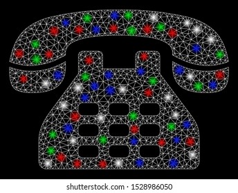 Bright mesh phone with glow effect. White wire frame triangular mesh in vector format on a black background. Abstract 2d mesh built from triangular lines, points, colorful flash spots.