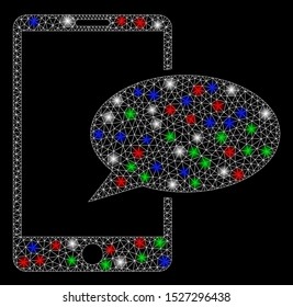 Bright mesh phone message with lightspot effect. White wire carcass polygonal mesh in vector format on a black background. Abstract 2d mesh designed with polygonal grid, round dots,