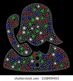 Bright mesh phone support with lightspot effect. White wire carcass triangular mesh in vector format on a black background. Abstract 2d mesh designed with triangular lines, spheric points,