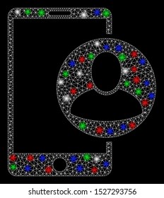 Bright mesh phone user profile with glare effect. White wire carcass polygonal mesh in vector format on a black background. Abstract 2d mesh designed with polygonal grid, spheric points,
