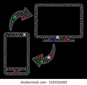 Bright mesh phone-desktop sync with glare effect. White wire carcass polygonal mesh in vector format on a black background. Abstract 2d mesh created from triangles, round dots, colored glare spots.