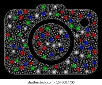 Bright mesh photo camera with lightspot effect. White wire carcass triangular mesh in vector format on a black background. Abstract 2d mesh designed with triangles, dots, colored flare spots.