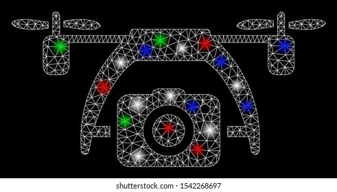 Bright mesh photo drone with lightspot effect. White wire frame polygonal mesh in vector format on a black background. Abstract 2d mesh designed with triangles, points, colored flare spots.