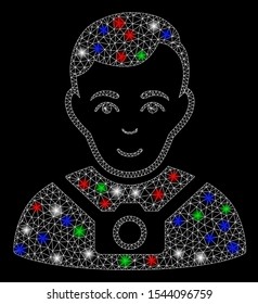Bright mesh photographer with lightspot effect. White wire frame triangular mesh in vector format on a black background. Abstract 2d mesh designed with triangular lines, spheric points,